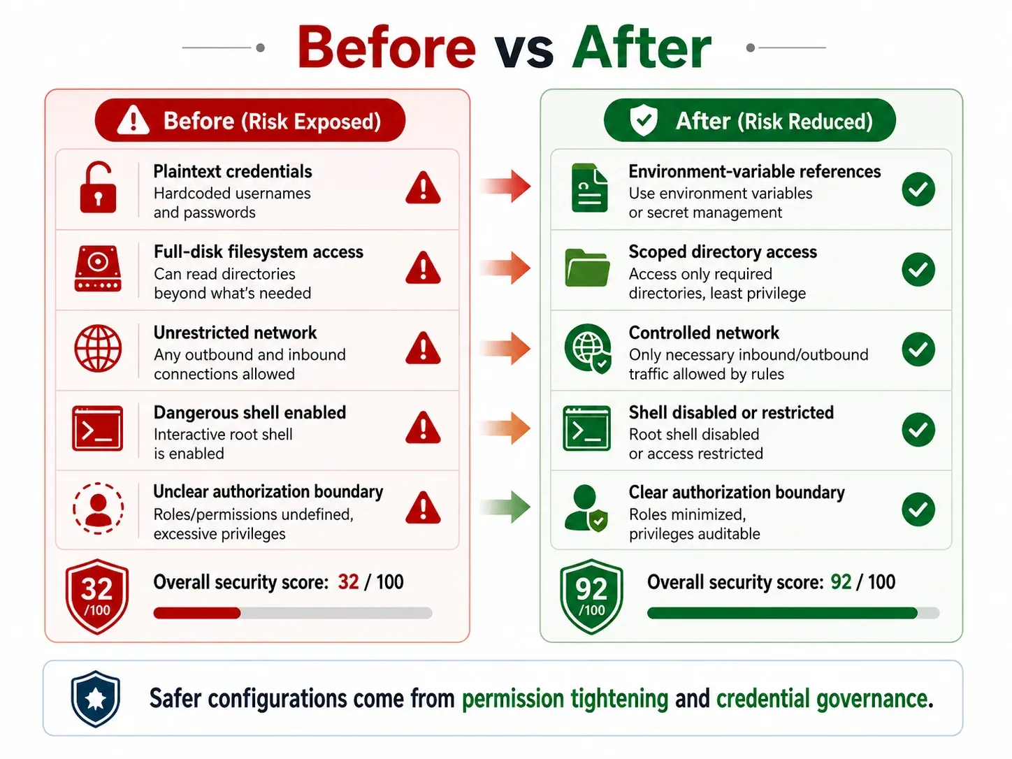 Before and after MCP configuration security remediation showing credential governance and least-privilege access