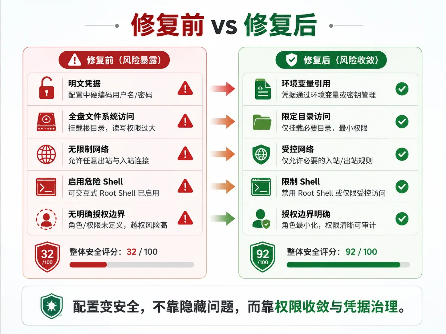 MCP 配置修复前后对比:从明文凭据和宽权限收敛到环境变量与最小权限