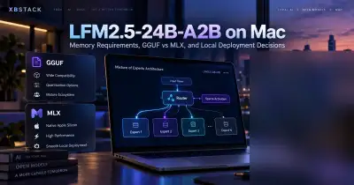 Conceptual LFM2.5-24B-A2B on Mac cover depicting local MoE routing, GGUF and MLX; not actual benchmark evidence - XBSTACK