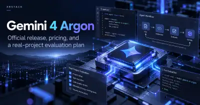 Illustrative Gemini 4 Argon coding-agent evaluation concept; the terminal-like panels do not represent a completed live Gemini model benchmark - XBSTACK