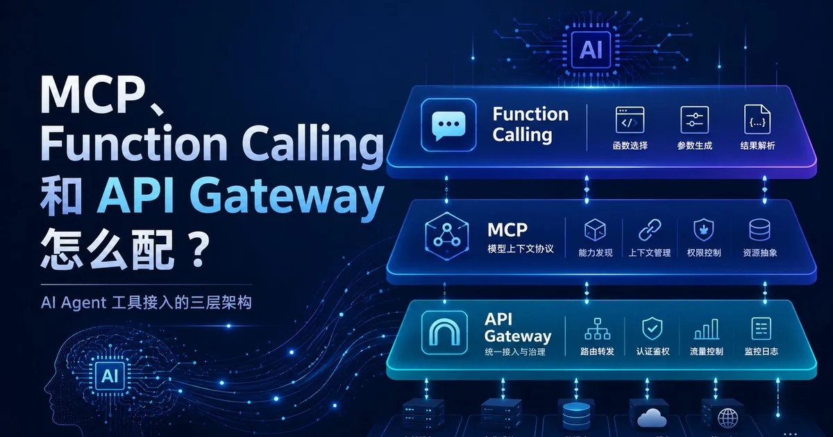 MCP、Function Calling 和 API Gateway 在 AI Agent 工具接入中的三层架构示意图