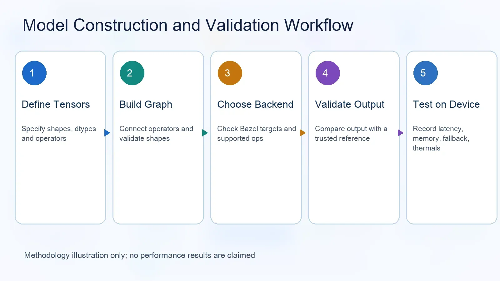Methodology for defining C++ tensors, composing a graph, choosing a backend, validating numerical results and testing real devices
