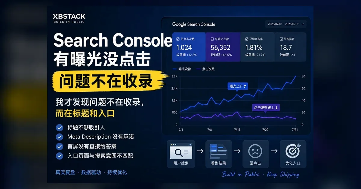 XBSTACK Search Console 有曝光没点击复盘封面，展示曝光上升但点击没有跟上的 CTR 优化问题