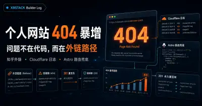 XBSTACK 个人网站 404 暴增排查复盘封面，展示 Cloudflare 日志、Astro 路由和外链路径修复 - XBSTACK