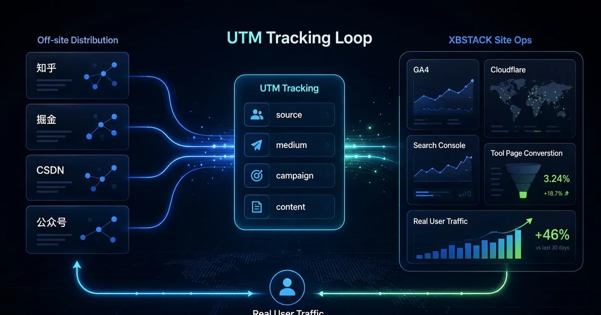 XBSTACK 站外分发 UTM 追踪闭环封面，展示站外平台流量通过 UTM 进入 GA4、Cloudflare、Search Console 和工具页承接的数据路径