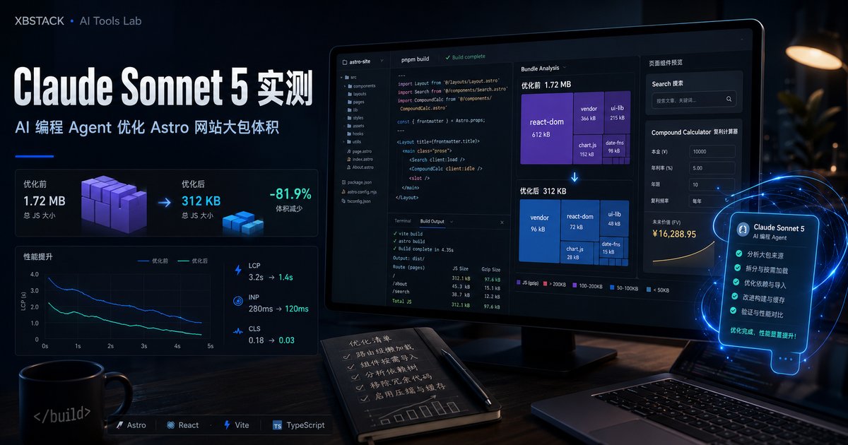 Claude Sonnet 5 优化 Astro 网站 chunk 过大问题的 AI 编程 Agent 实测封面 - XBSTACK