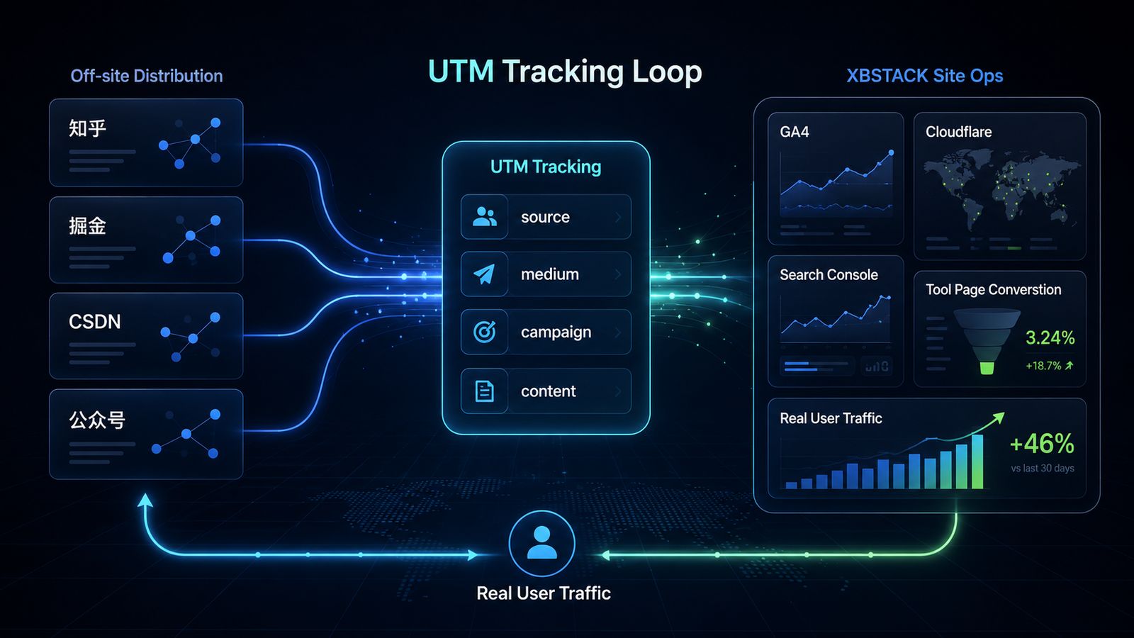 XBSTACK 站外分发 UTM 追踪闭环封面，展示站外平台流量通过 UTM 进入 GA4、Cloudflare、Search Console 和工具页承接的数据路径 - XBSTACK