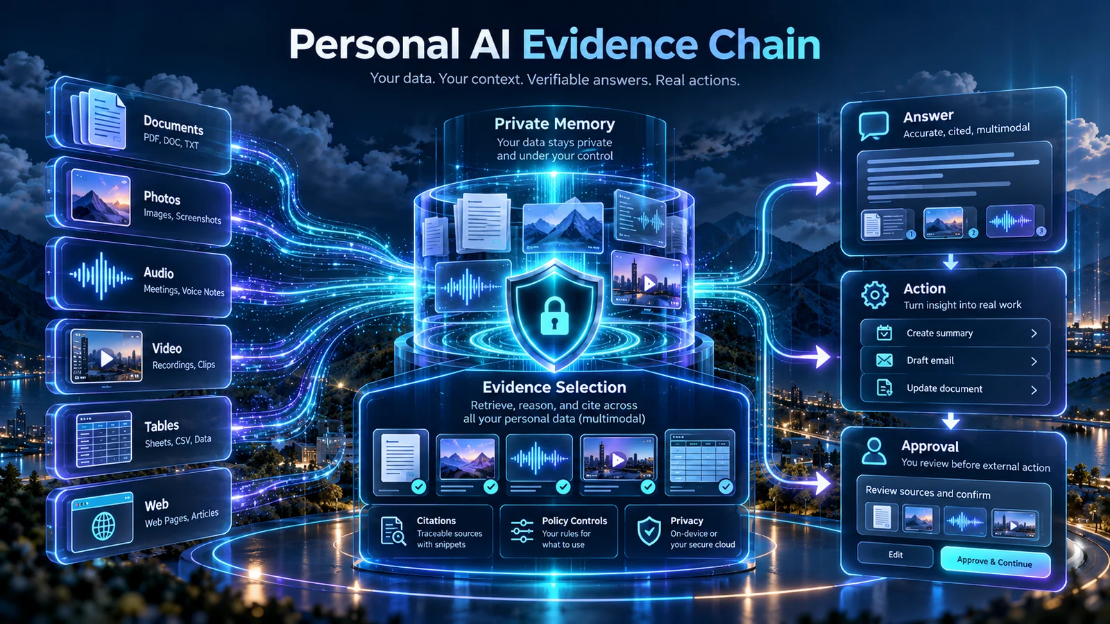 Personal AI 多模态证据链:文件、图片、音频和视频资料经过检索与引用验证,在审批后才执行高风险动作