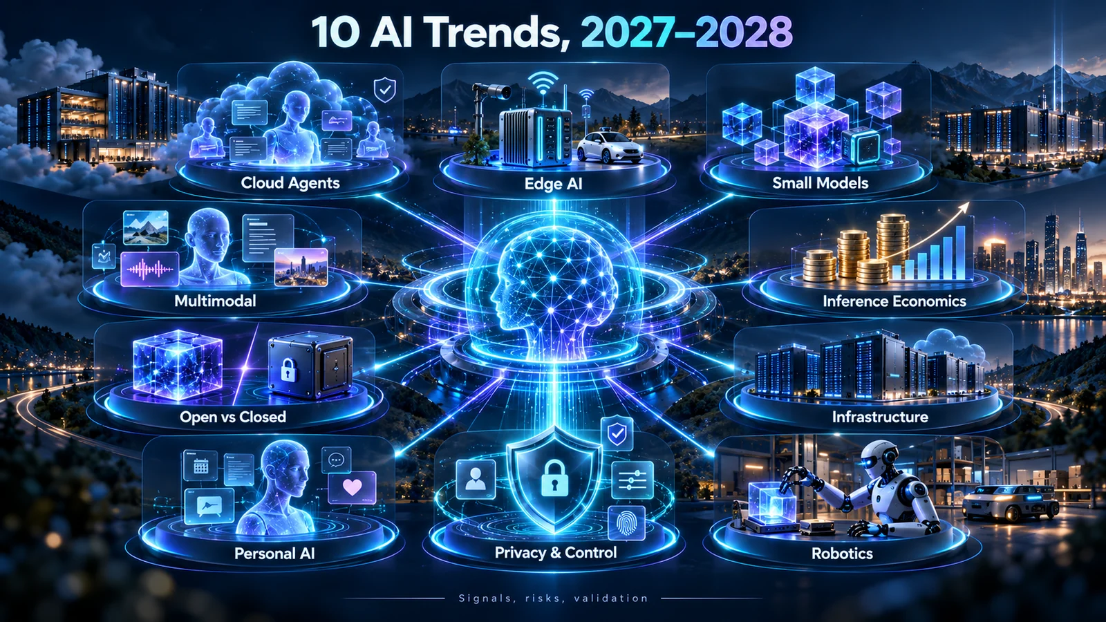 2027—2028 年 AI 十大趋势概念图:云端 Agent、端侧计算、小模型、开放模型、多模态、推理经济、基础设施、个人 AI、隐私可控与机器人